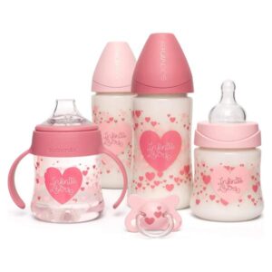 Suavinex conjunto de 4 biberões e chupetas Infinite Love rosa