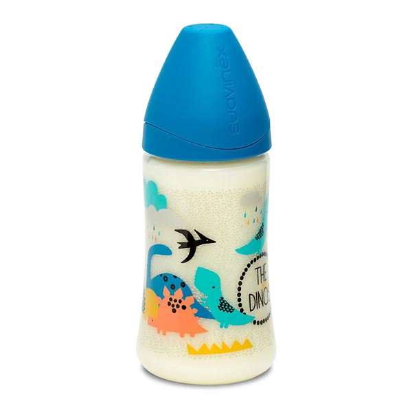 Suavinex biberon de plástico com tetina de silicone redonda, +0 meses, 270 ml - Azul Dinossauro