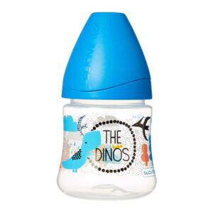 Suavinex biberon de plástico com tetina de latex com 3 posições, +0 meses, 150ml - dinossauros cor azul escuro