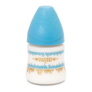 Suavinex biberon premium de plástico com tetina de silicone redondo, +0 meses 150 ml - couture azul